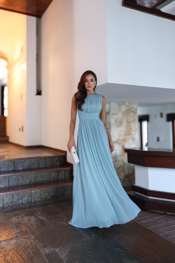 VESTIDO LONGO DECOTE COSTAS CRUZADO FRENTE MICROTULE - 40% OFF