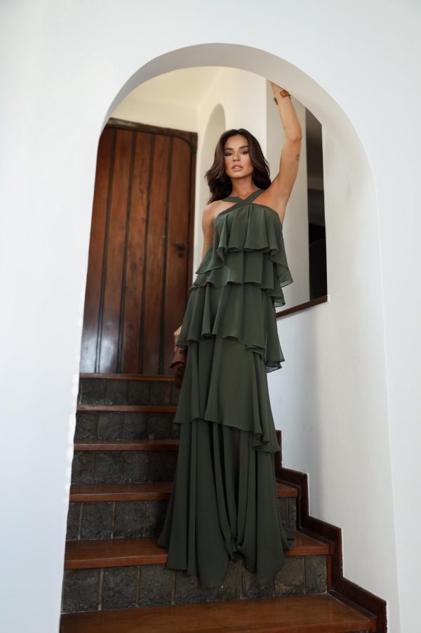 VESTIDO LONGO CAMADAS FRENTE ÚNICA DECOTE COSTAS - 40% OFF